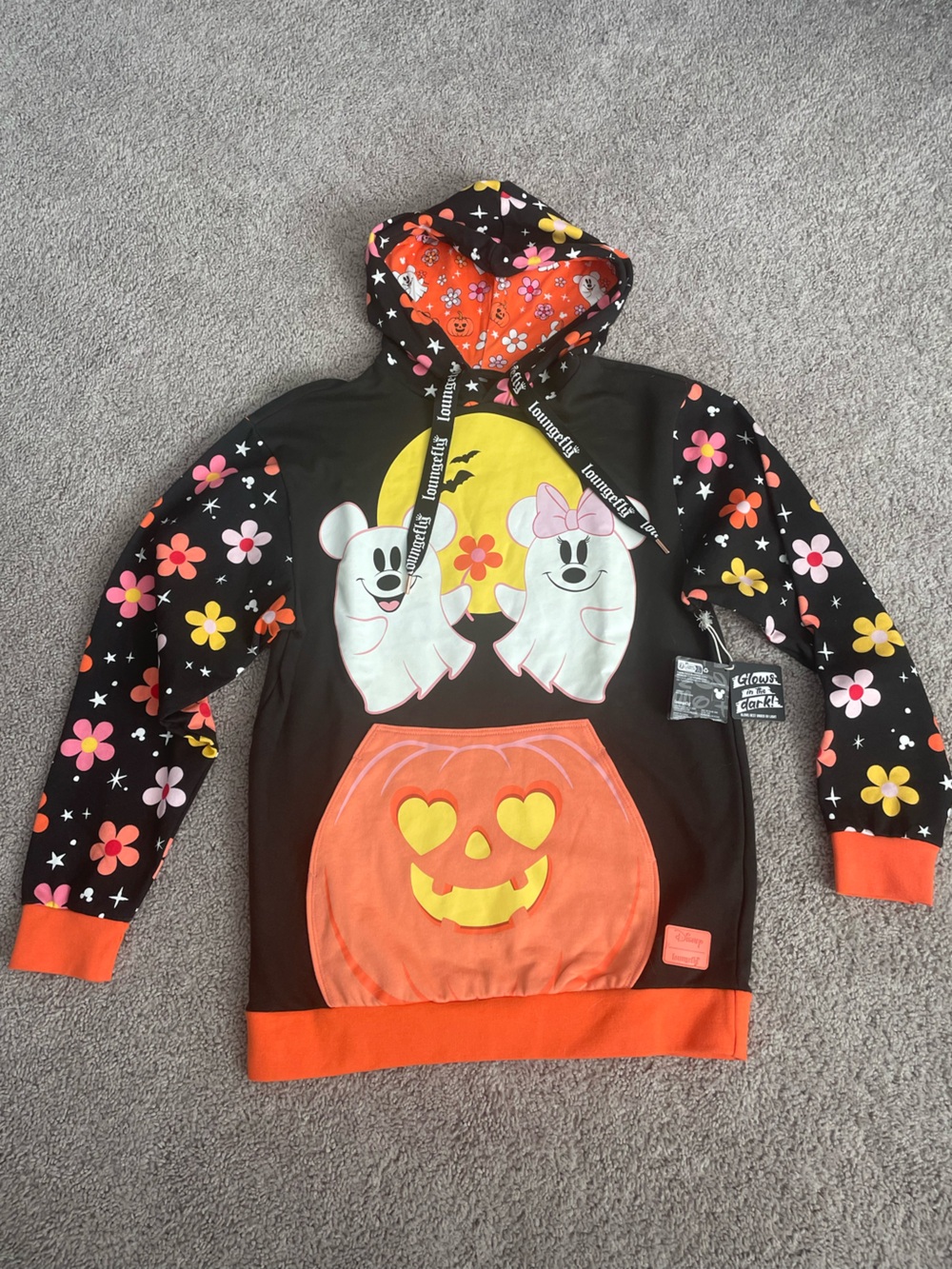 Loungefly Disney Mickey Minnie Floral Ghost Glow In The Dark Hoodie NWT
